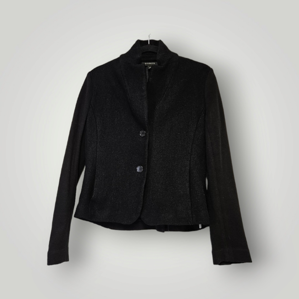 Talbots Blazer Womens 8 Black Jacket Wool Blend Mixed Texture Two Button